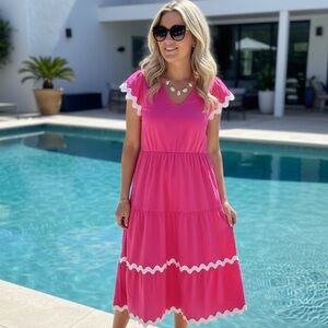 Pink maxi dress with white trim XXl